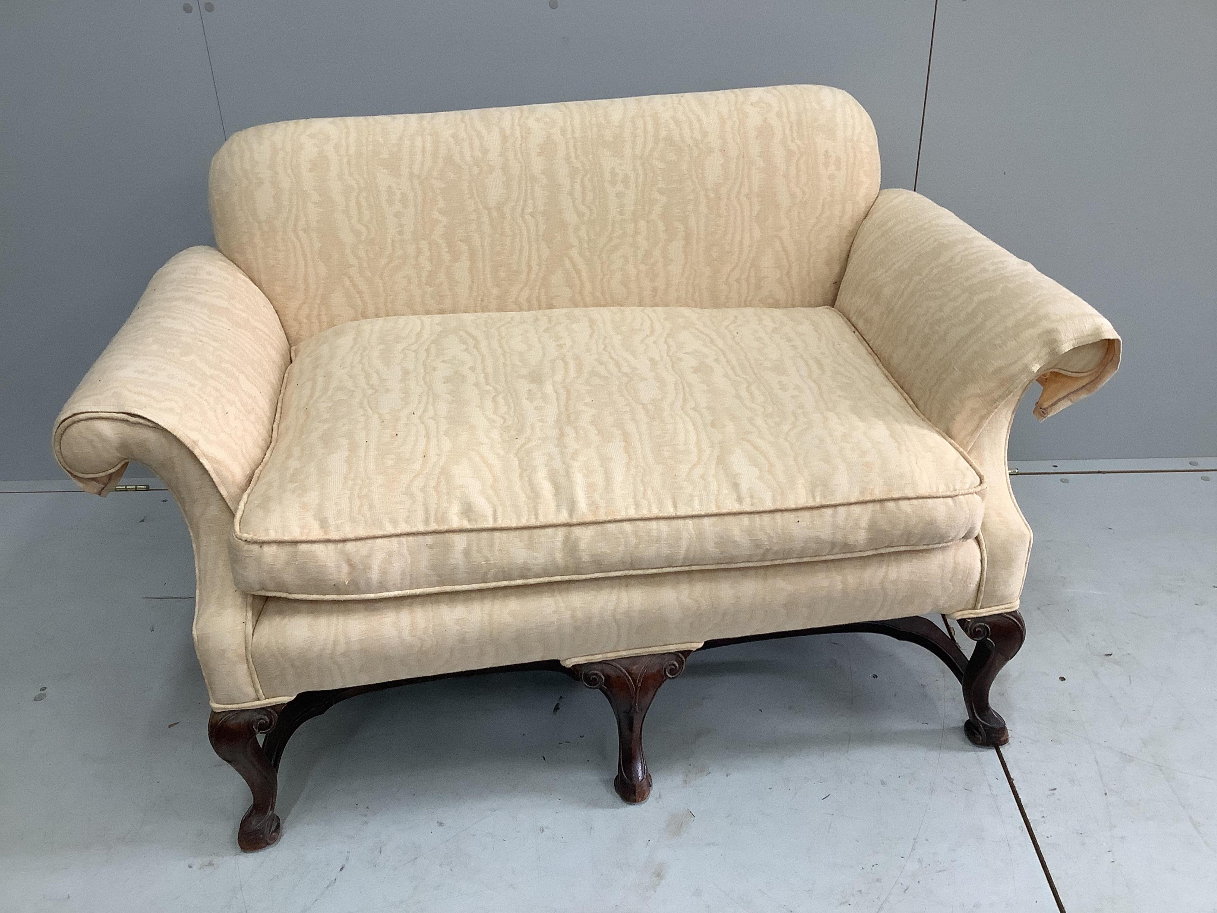 A small George II style mahogany scrolled arm settee, width 120cm, depth 73cm, height 77cm. Condition - good